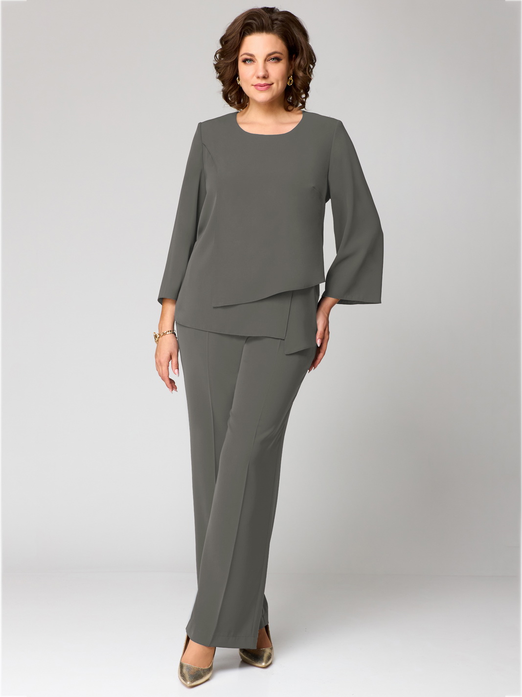 1342 оливково-серый рр 52-56 (4) Костюмы-Мишель стиль-1342